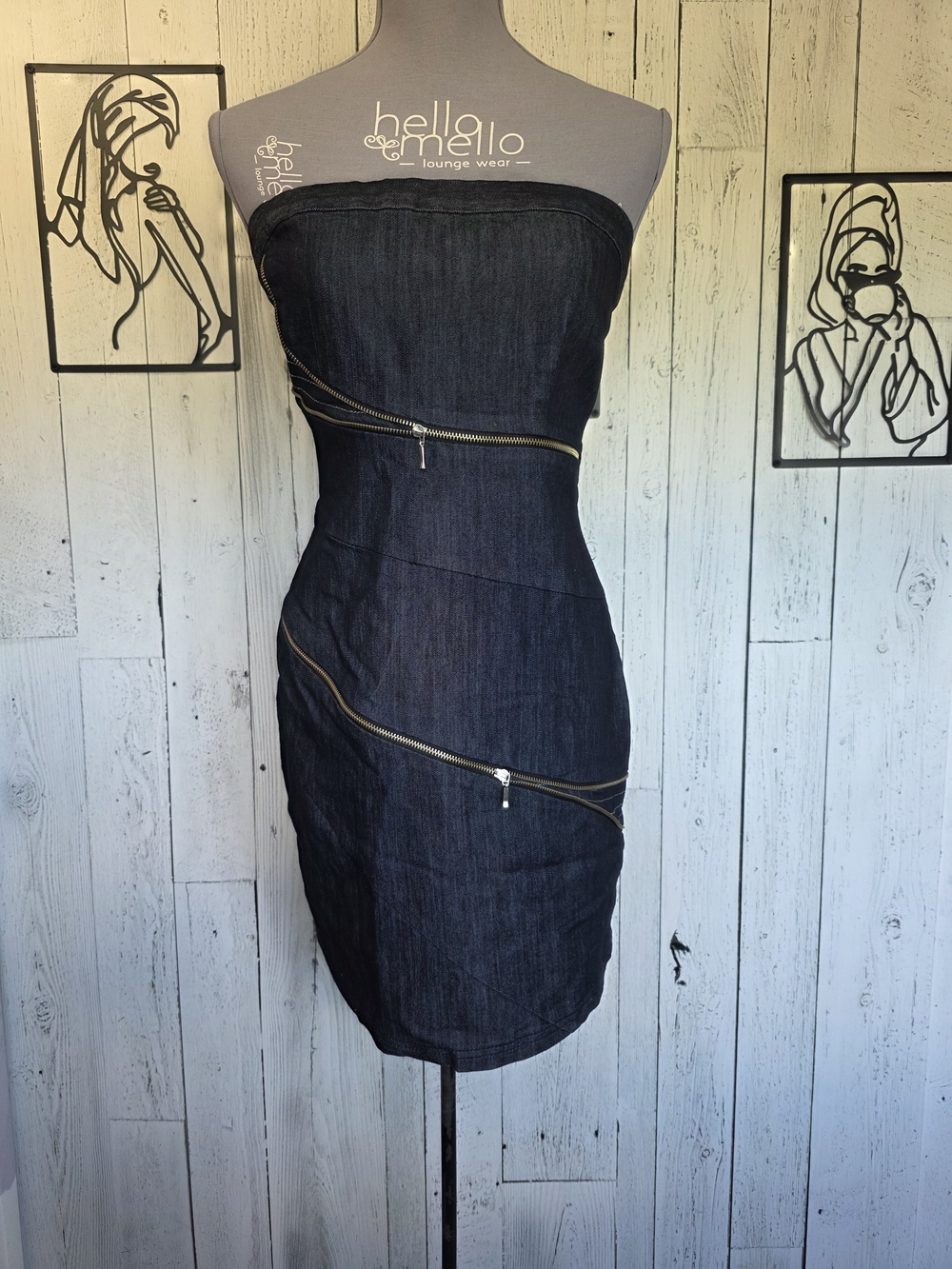 Boom Boom Jeans Strapless Denim Bodycon Dress Zipper Detail Size L Y2K